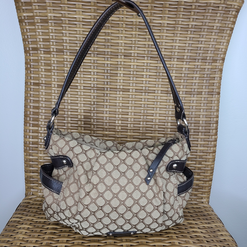 Nine West Shoulder Bag Geometric Tan Canvas Brown Faux Leather Straps Accents